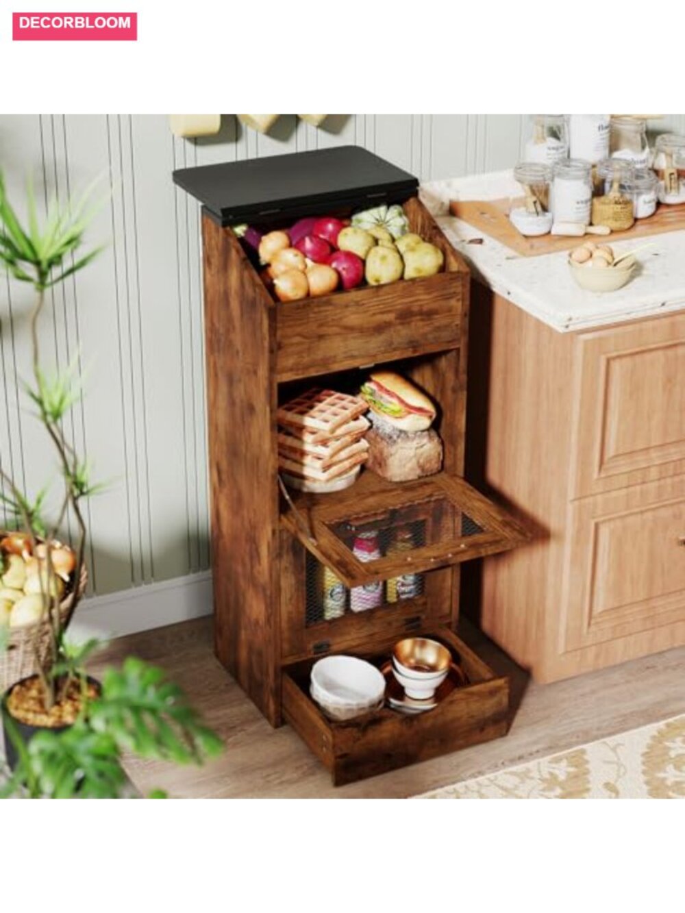 4-Tier Potato Onion Storage Bin Bread Box Particleboard Rustic